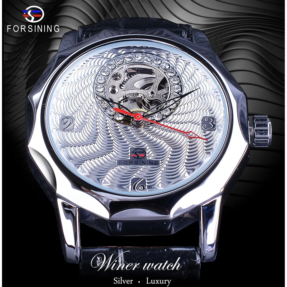 ForSining Fashion Watches Diamond Display Half Skeleton Design Unikt modeller Dial Mens Silver Watches Top Brand Luxury Neutral CA296E