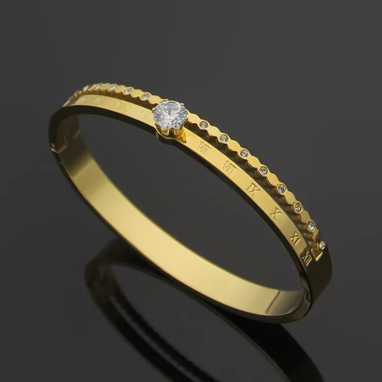 Fashion-Steel Smycken Romerska Numeral Roterande Singel Diamant Armband 18K Rose Gold Ladies Single Row Diamant Armband