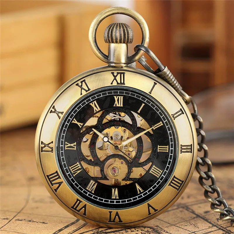 Steampunk Vintage Silver/Black/Bronze Color Pocket Watch Roman Number Case Hand Wind Mechanical Watches for Men Women with Pendat Chain