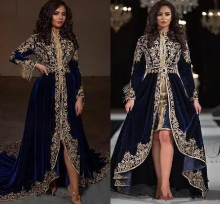Navy Blue Lace Beaded Arabic Caftans Evening Dresses 2020 High Neck Velvet gold applique Prom Dresses Long Sleeves Formal Party Gowns