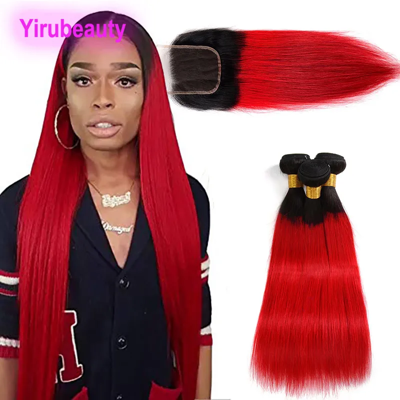 Brezilyalı bakire saç düz insan saç uzantıları 4x4 dantel kapanışlı 3 demet 1b/kızıl saç ürünleri 12-24 inç
