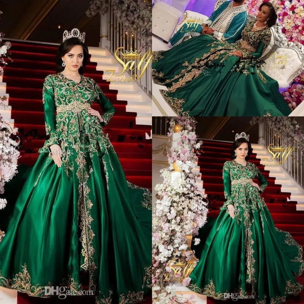 Arabisk lyx Ny Emerald Green Muslim Prom Klänningar Långärmad Guld Broderi Lace Crystal Beaded Formell Plus Size Party Evening Gowns