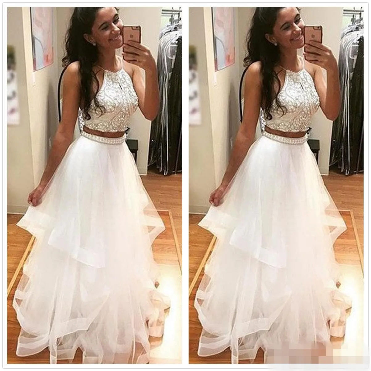 White Two Piece Prom Dresses Beaded Halter Tiered Skirt Tulle Organza Ruffles Custom Made Evening Party Gown Formal Ocn Wear