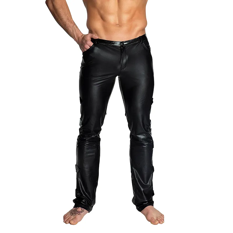 Pantalones de cuero de imitaci n negros para hombre pantalones pitillo novedosos mallas rectas para motorista mallas para hombre pantalones
