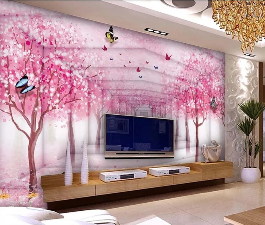 カスタム3D壁画の壁紙桃、蝶、桜3 d壁紙壁任意の部屋の背景3D写真壁画