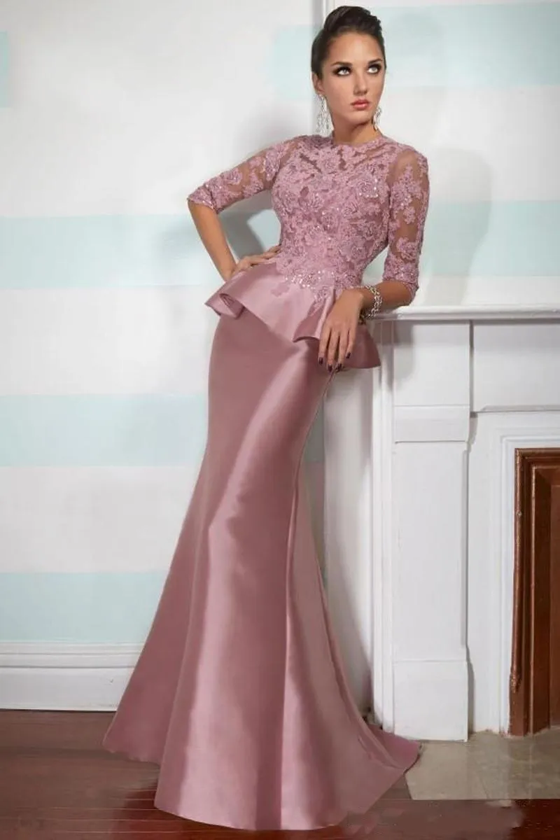 Custom Made Lace Taffeta Mother of Bride Groom Dresses Half Long Sleeve Beads Peplum Mermaid Evening Wear Bridal Gowns