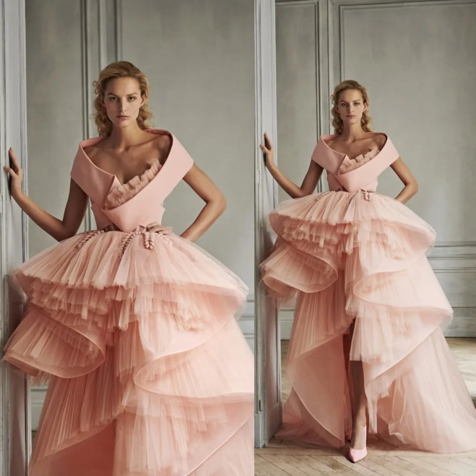 Unique Off-the-Shoulder Light Pink Prom Dress Floral Ruffles A-Line Evening Dress C8238