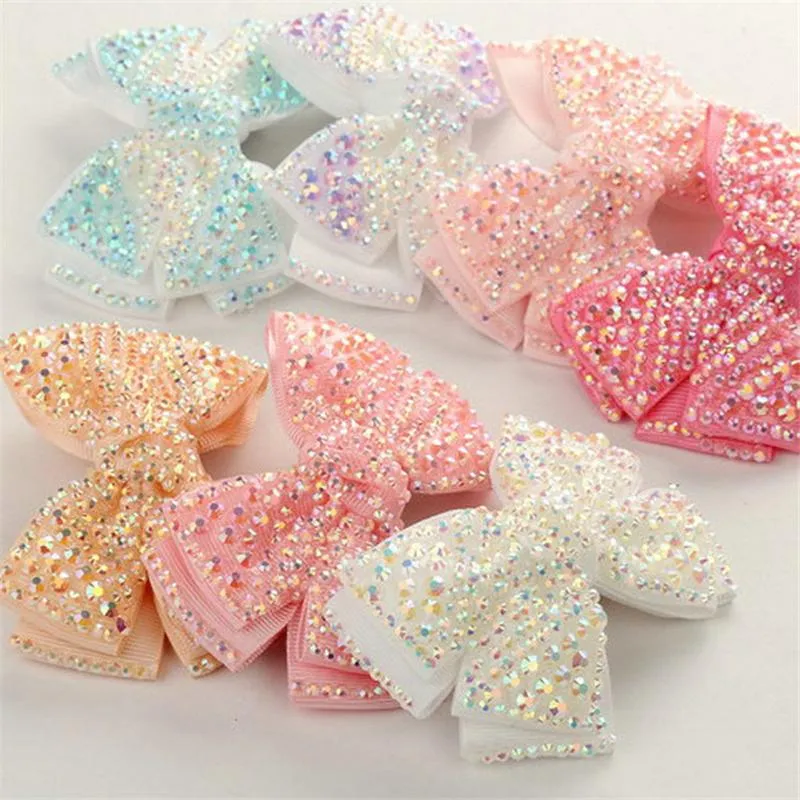 12 Pcs/Lot 4"Plain Rhinestone Hair Bows With Black Clips For Kids Girls Boutique Crystal Bows Hairgrips Hair Accessories 6 Colors