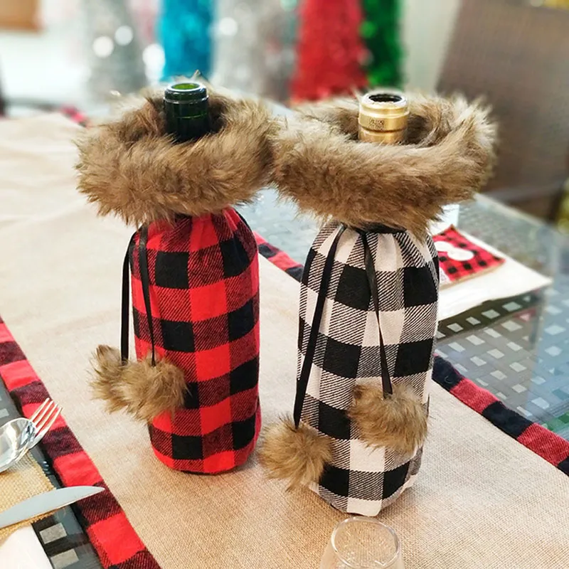 격자 무늬 버팔로 와인 병 커버 장식 가짜 모피 커프 스웨터 와인 병 홀더 선물 가방 파티 장식 HH9-2512