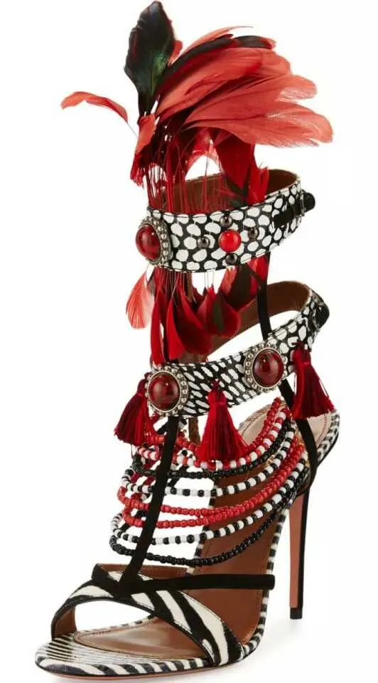 Penas grátis 2024 remessa colorida Gladiator Sandals Women Heels High Pumps Fashion Beeds Sapatos de casamento Diamond Party Peep-toe 35-43 803C4