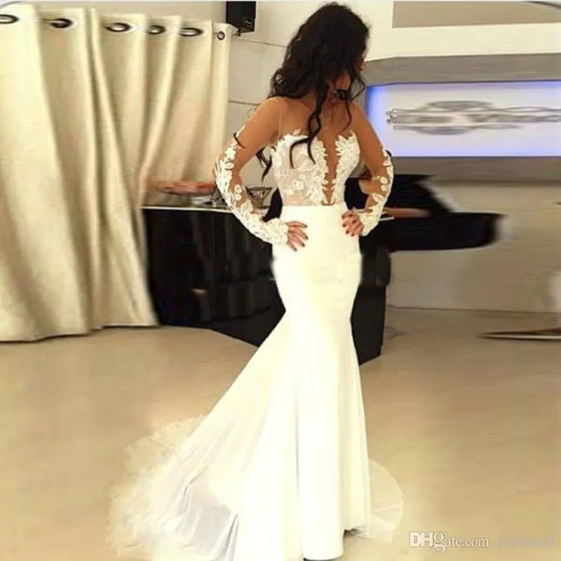 New Mermaid Wedding Dresses Sexy Deep V Neck Sheer Long Sleeves Lace Chiffon Illusion Sweep Train Bridal Gowns Plus Size Custom