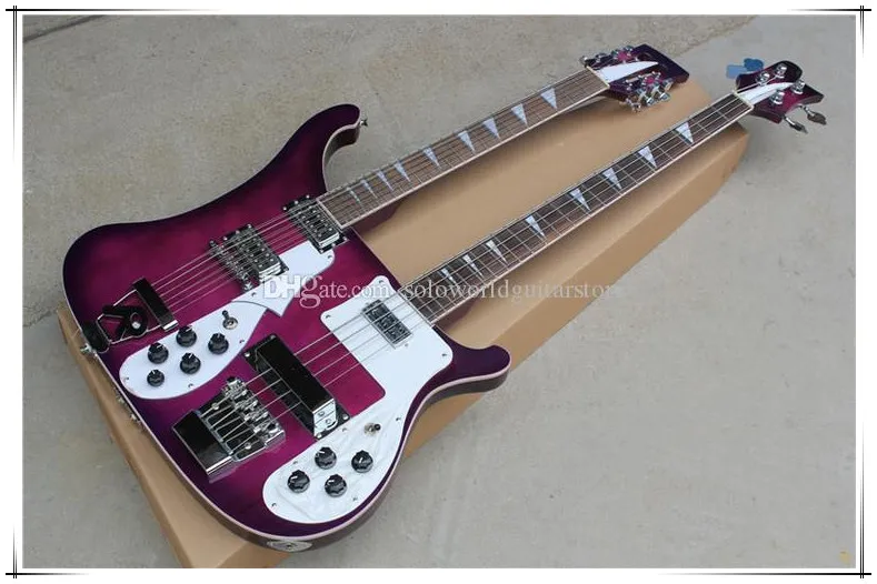 Doppelhals-E-Gitarre mit violettem Korpus, 4+12 Saiten, weißem Schlagbrett, Chrom-Hardware und Palisander-Griffbrett, kann individuell angepasst werden
