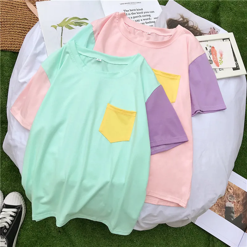 Haut pour femme été Harajuku Style coréen Patchwork contraste couleur Pastel t-shirts Bangtan garçons Kpop t-shirt amis Streetwear