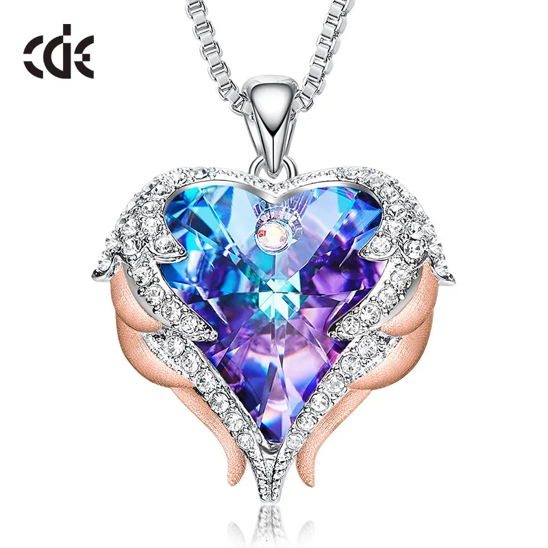 CDE Fashion Angel Wings Heart Shape Pendant Necklace with Amethyst Crystal for Women Fine Jewelry Valentine's Day Gifts CJ191210