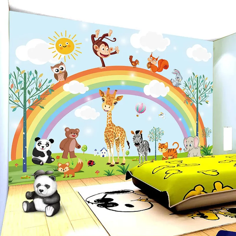 Dropship 3D Hand Painted Cartoon Rainbow Animal Kindergarten Baby Room Bedroom Wardrobe Wallpaper Wall Mural Sticker Home2334282