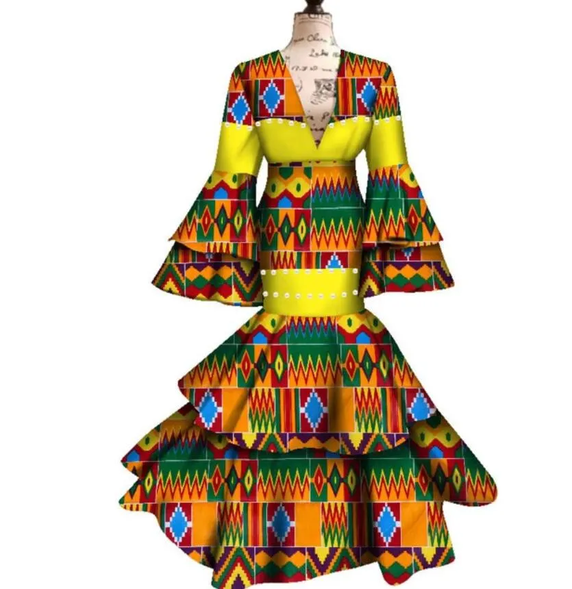 Dashiki Print Maxi Dress for Women - Ankara Ankara Fabric, Long Flare Sleeves, Perfect for Evening, Weddings, and Parties