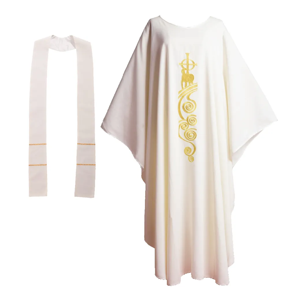 Geestelijken witte chasuble thema kostuum lamslibgeborduurde priester kerk massa gewaden