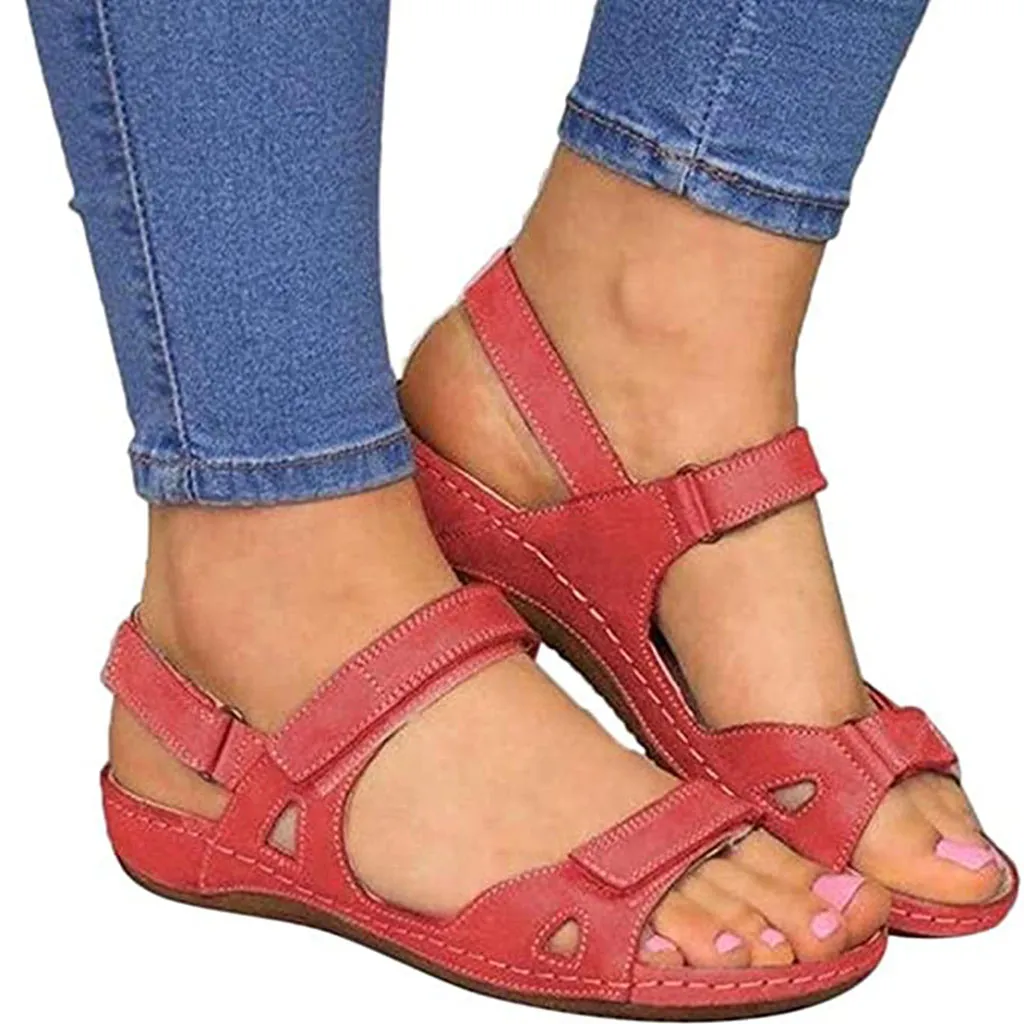 Floopi Sandalen für Damen, niedlich, offener Zehenbereich, breites, elastisches Design, Sommer-bequeme Kunstleder-Knöchelriemen mit flacher Sohle, Memory-Schaum, 25