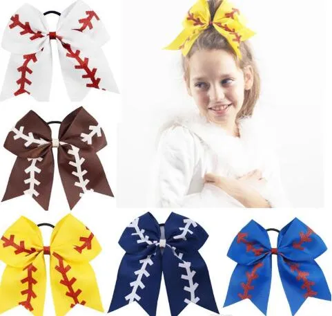 7 "Stora softball Team Baseball Cheer Bows handgjorda gula band och röda glitterstiches med ponytail hårhållare för cheerleading girls