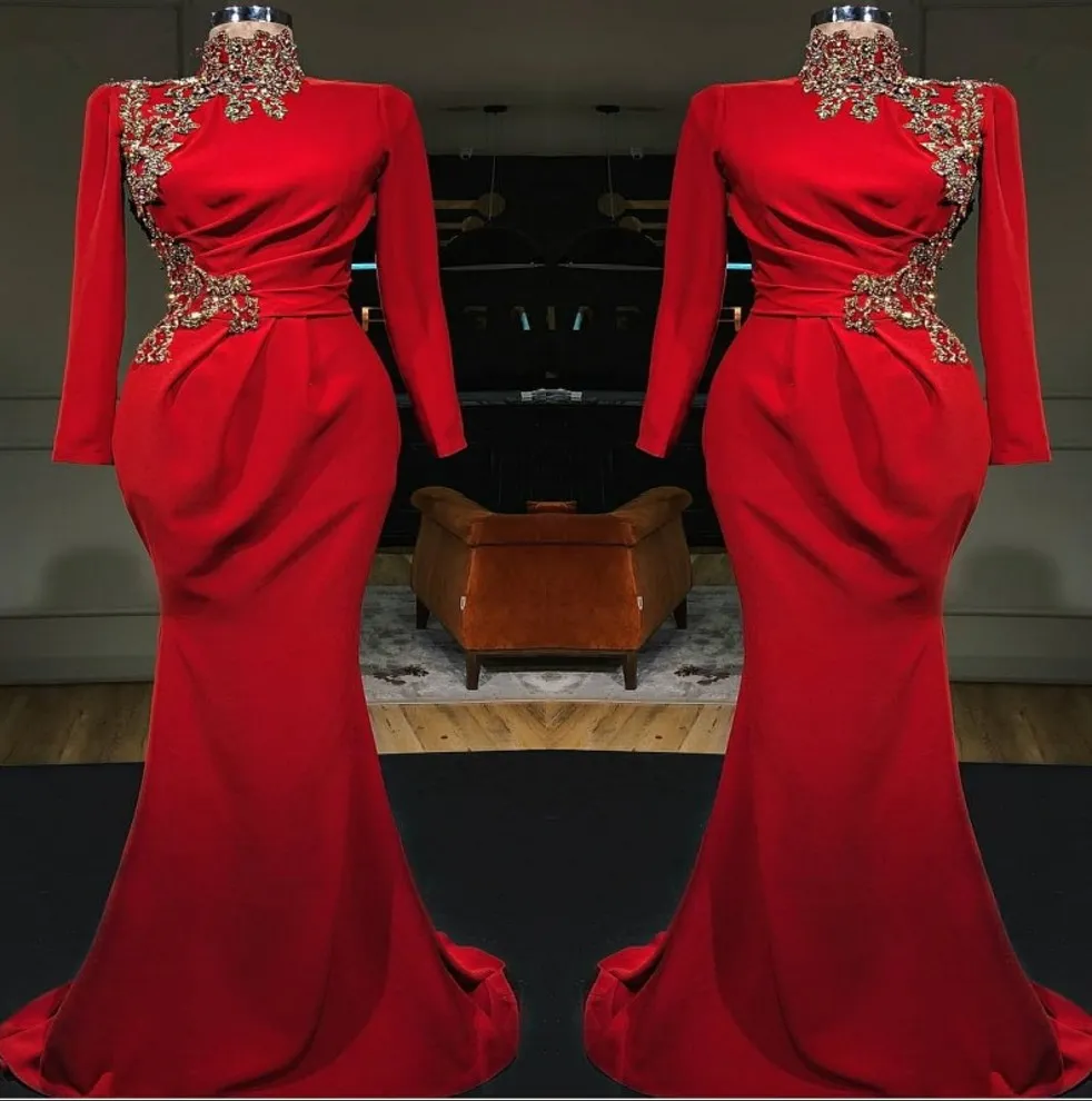 Red Arabic High Neck Mermaid Long Evening Dresses 2019 Long Sleeves Satin Ruched Lace Applique Formal Party Muslim Prom Dresses