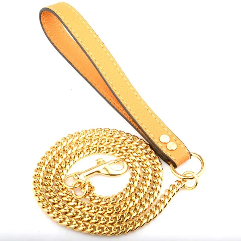 Halsbanden Riemen 10 MM Gouden Ketting Dierbenodigdheden Lederen Handvat Draagbare Puppy Kat Aangelijnd Touw Bandjes Voor Medium grote Dogs12472