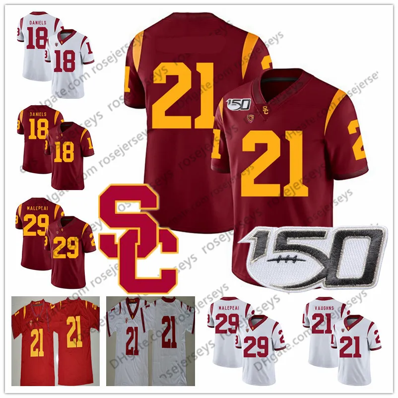 Customizadas USC Trojans 21 Tyler Vaughns 29 Vavae Malepeai 81 Kyle Ford Vermelho Branco 2019 NCAA 150 ANOS Homens Juventude Kid Football Jersey 4XL