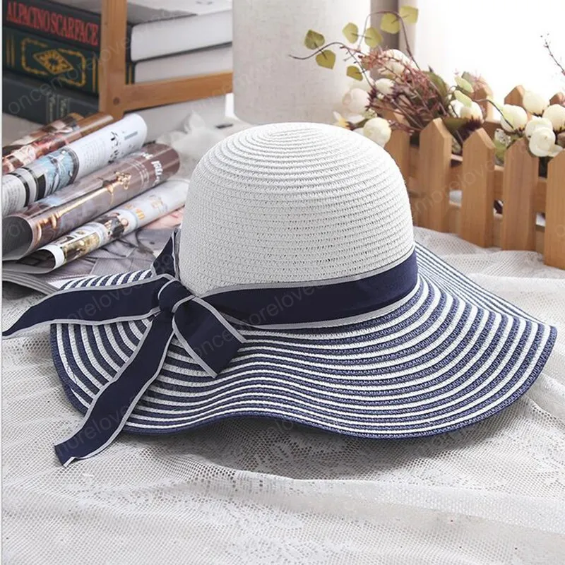 Stylish Black And White Striped Bowknot Large Beach Hat With Straw