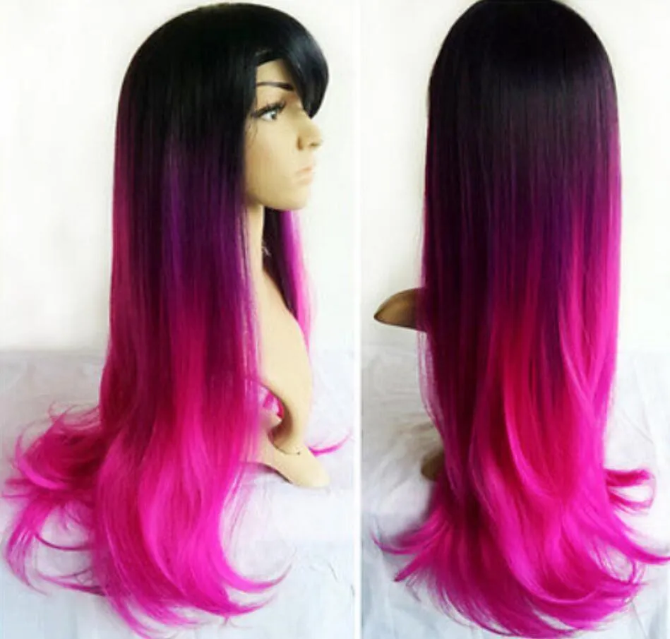 PERRUQUE livraison gratuite Dames Ombre 3-Tone Noir/Violet/Rose Vif 27" Long Cheveux Raides Vogue Style Perruque