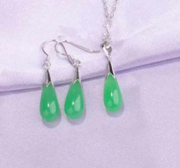 ювелирные изделия горячие продажи new-shippingBeautiful наборы серебро зеленый нефрит слеза кулон ожерелье серьги