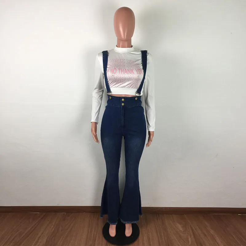 Wide Leg Bell Bottom Jeans With Suspenders Dark Wash Grommet