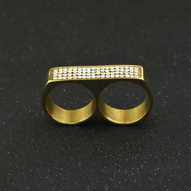 Herren Doppel Finger Ring Mode Hip Hop Schmuck Hohe Qualität Iced Out Edelstahl Gold Rings220H