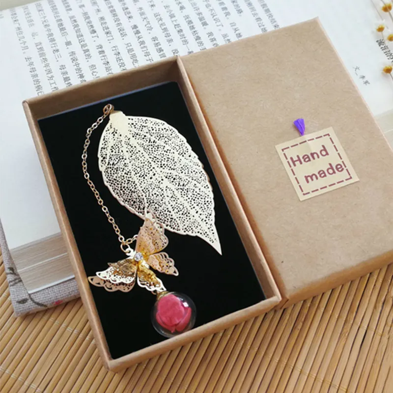 Wed Gift Guest Favor Metal Leaves Butterflies Pendant Immortality Flowers Bookmarks Antique Chinese Birthday Gifts with Boxes