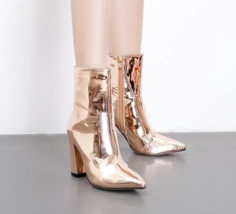 New 2020 patent leather shiny gold and silver double-color pointy thick high heel Mature Boots Vintage Fashion Woman Casual Lady Ankle Boots