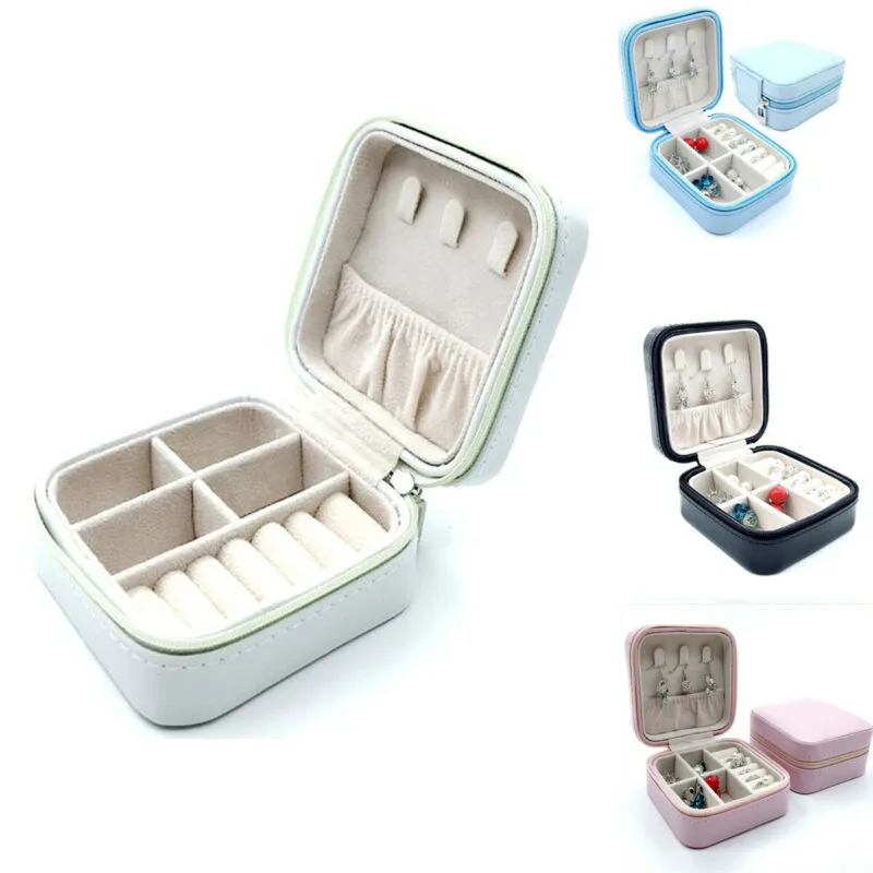 Women Travel Jewelry Storage Box Case PU Leather Zipper Boxes Organizer for Earrings Rings Jewelry T200301