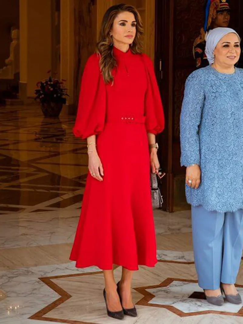 2020 Nowa elegancka Syrenka Red Midi Dress Stand Collar Moda Robe Suknie Suknie