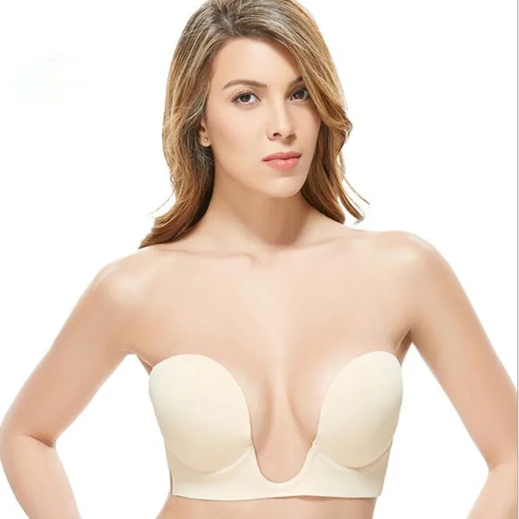 Dropshipping One piece deep U silicone bra Concealed invisible chest strap nipple strapless underwear 4 sizes for choice