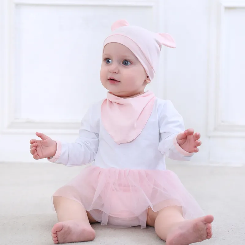 3 stks Baby Meisjes Bodysuits Pasgeboren Organische Katoen Peuter Kleding Set Infant Chiffon Outfit + Hat + Biedingen Baby Girl Ondergoed