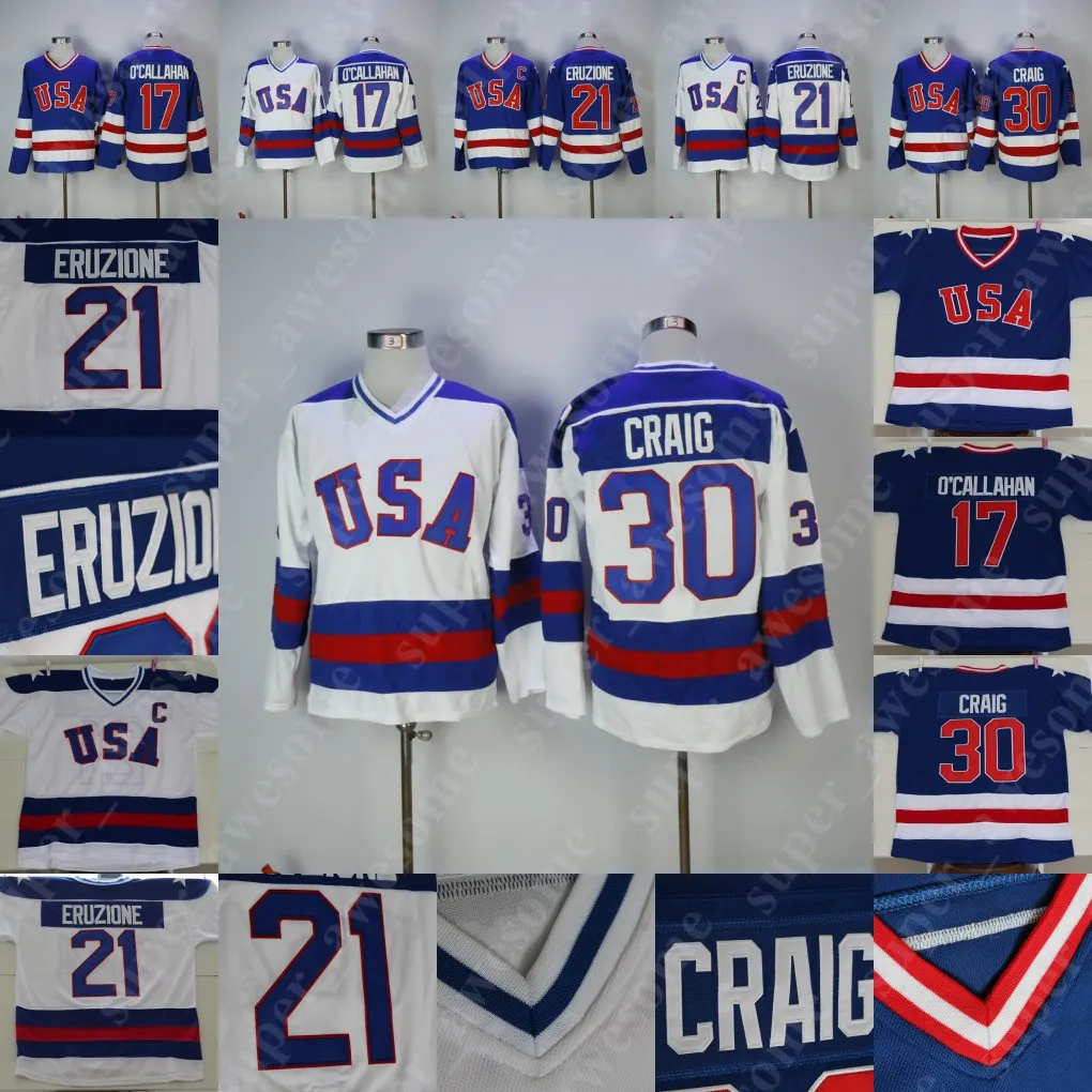 1980 EUA Hockey Team Jersey 30 Jim Craig 21 Mike Eruzione 17 Jack O'Callahan Hockey Jerseys Blue White Stitched