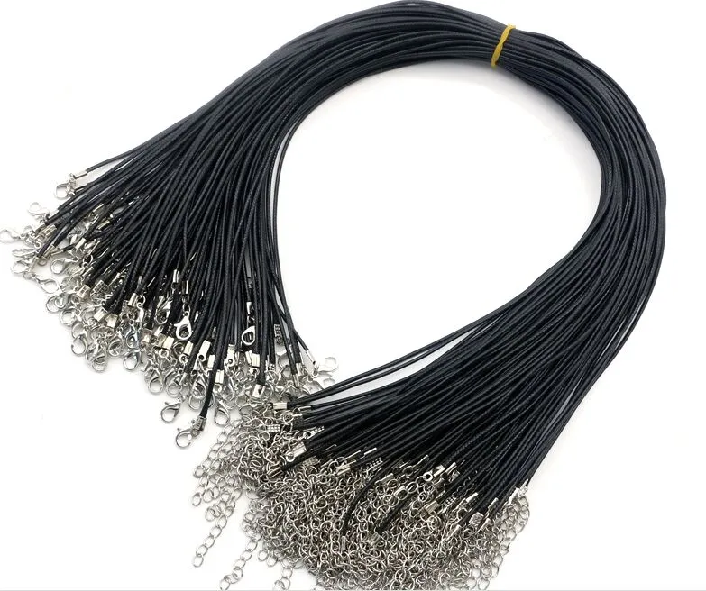 100st Svart Läder Cord Wax Rope Chain Halsband DIY PU 45cm + 5cm Halsband Smycken Tillbehör Partihandel Krage 1,5mm