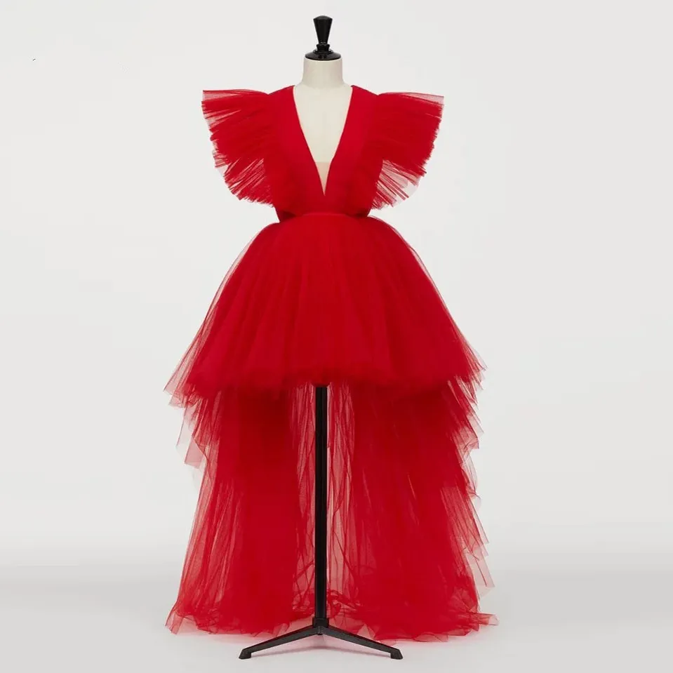 2020 New Red Image Hot Red High Low Tulle Prom Dresses Profondo scollo a V Lungo Tutu Abiti da ballo Ruffles Abiti da festa convenzionali 2020