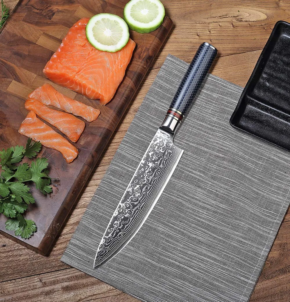 Couteau de Chef en acier de Damas de 8 pouces High Carbon 67 couches VG 10 Damas Gyutou Nakiri Cleaver Couteaux de cuisine Résine Honeycomb Toile design