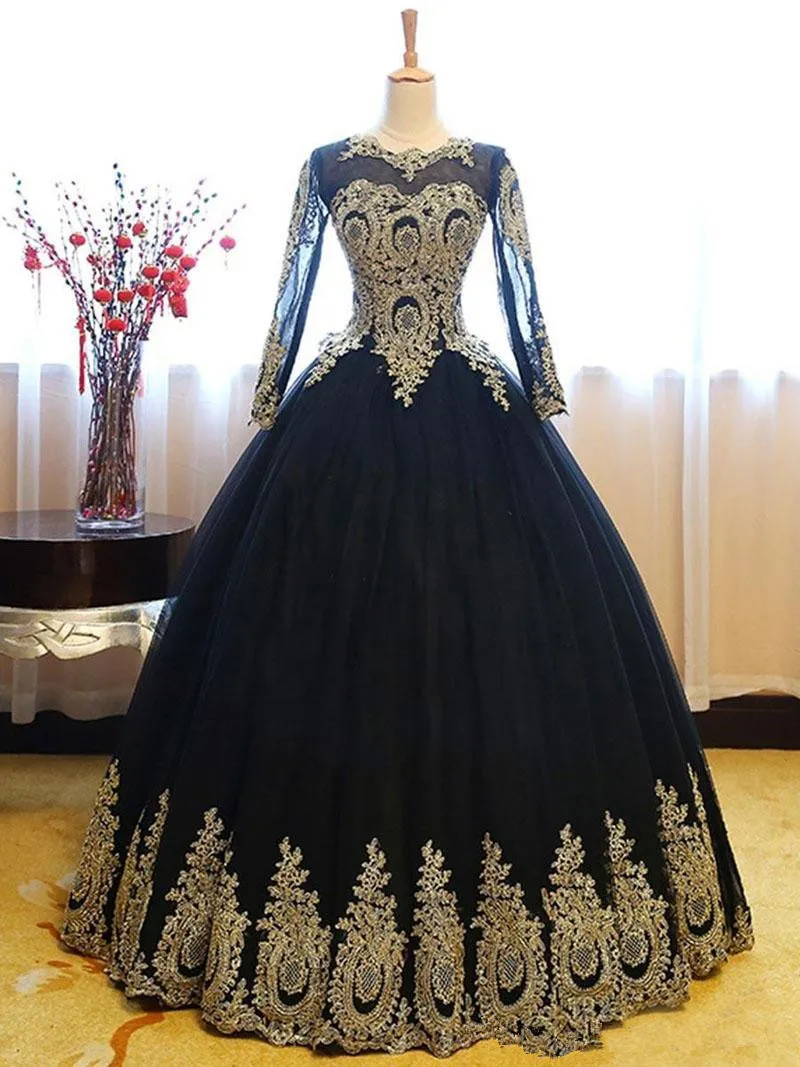 quince dresses black and gold Quinceanera Dress Black Gold Long Sleeve Dress Formal Ball Gown Princess Lace Quinceanera Dresses Long Sleeves