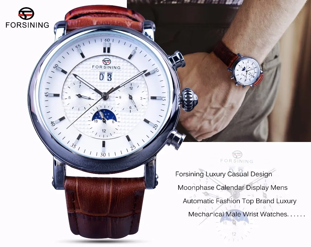 Forsining moda relógio tourbillion design mostrador branco fase da lua calendário exibição relógios masculinos marca superior de luxo relógio automático cl227l