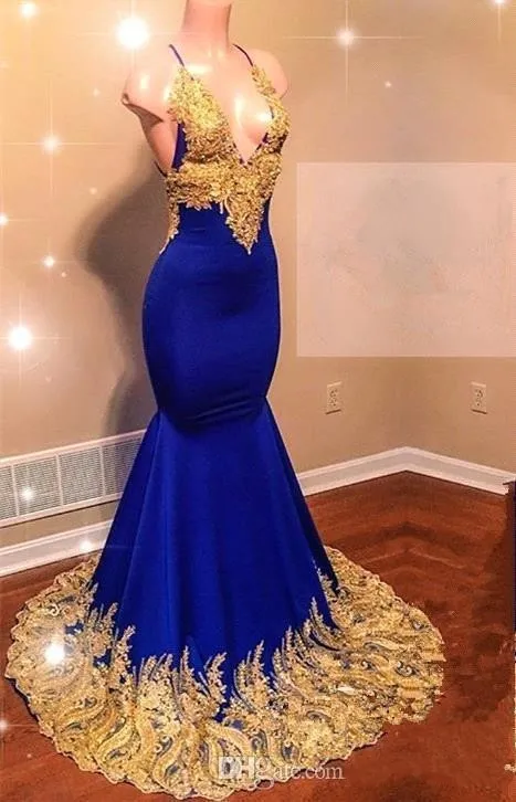 UPS Royal Blue Mermaid Prom Kleider 2022 mit Gold Spitze Applizierte Neue Afrikanische Perlen Pailletten Abendkleider Frauen Sexy Reflektierende Dr320W