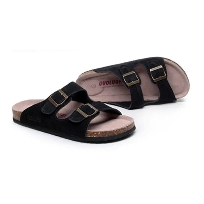 Sommer Herren Kuh Wildleder Leder Mule Clogs Hausschuhe Hohe Qualität Weichen Kork Zwei Schnalle Rutschen Schuhe Für Männer Frauen unisex 35-46