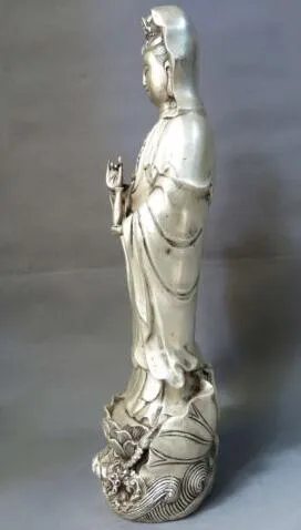 17 "中国シルバー彫刻仏教蓮の花Kwan-Yin Buddha Guanyin