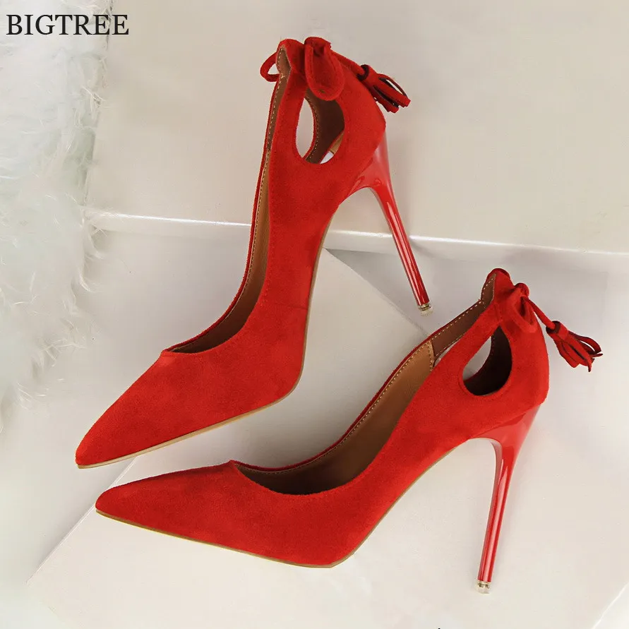 New Autumn Sexy Cut-Outs Bowtie Tassel Women Pumps Fashion Solid Suede Pointed Toe Shallow High Heels Shoes