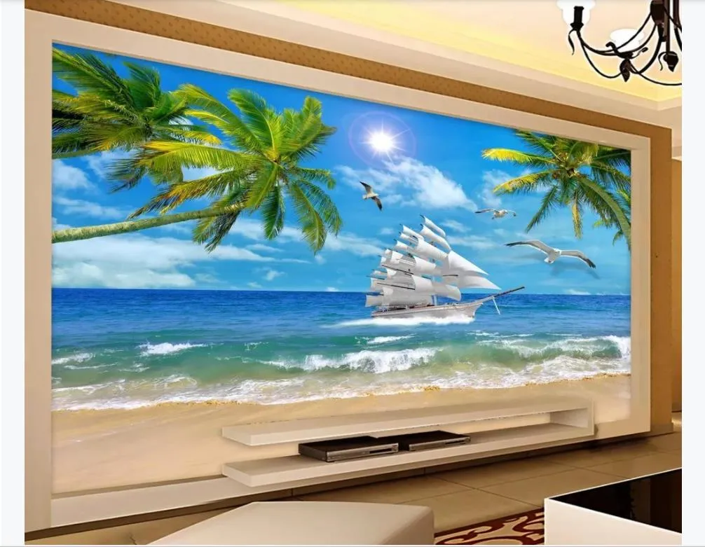 Aangepaste 3D Zijde Foto Muurschilderingen Wallpaper Smooth Sailing Coconut Tree Zeegezicht Landschap Schilderij TV achtergrond Muurdocument voor 3D