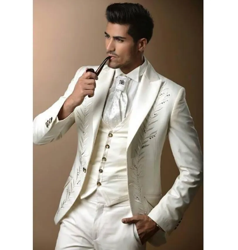 Bordado noivo smoking padrinhos brancos mens vestido de casamento pico lapela jaqueta homem blazer moda 3 peça terno (jaqueta + calça + colete + gravata) 1480