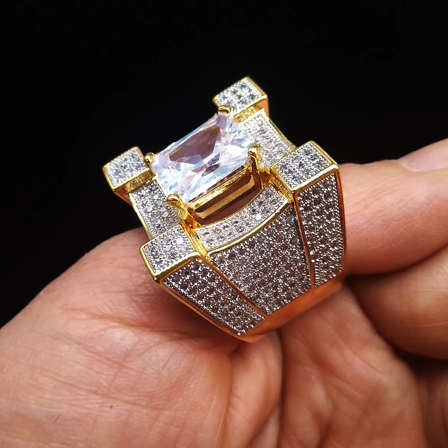 Nova Moda Ouro 18K Corte Princesa CZ Zircão Cúbico Hip Hop Bling Anéis Com Diamante Gelado Jóias Presentes de Dia dos Namorados para Homens por Atacado